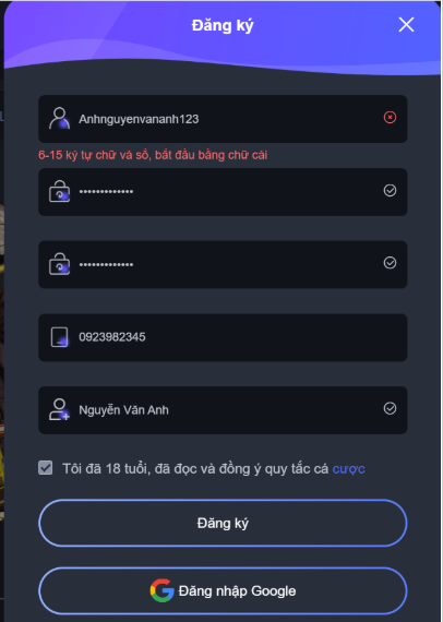 Điền c&aacute;c th&ocirc;ng tin đăng k&yacute; Luck8